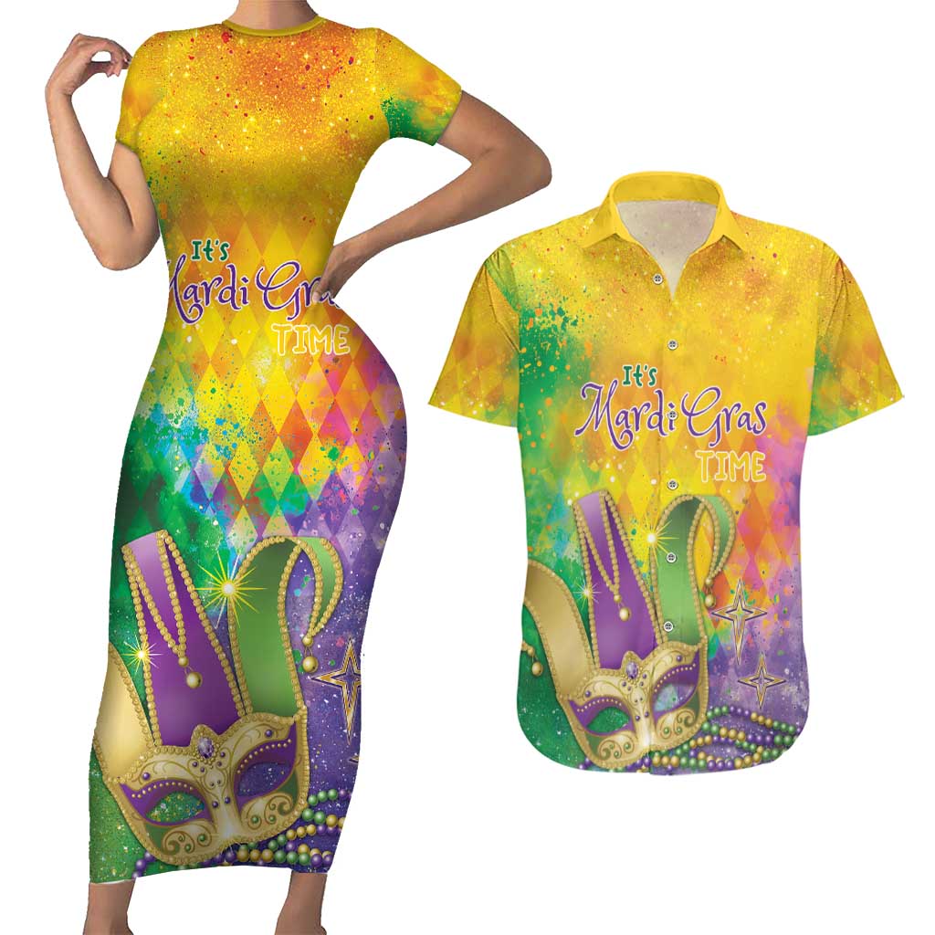 Mardi Gras Couples Matching Short Sleeve Bodycon Dress and Hawaiian Shirt Watercolor Mix - Carnival Bling LT7 - Wonder Print Shop