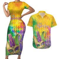 Mardi Gras Couples Matching Short Sleeve Bodycon Dress and Hawaiian Shirt Watercolor Mix - Carnival Bling LT7 - Wonder Print Shop