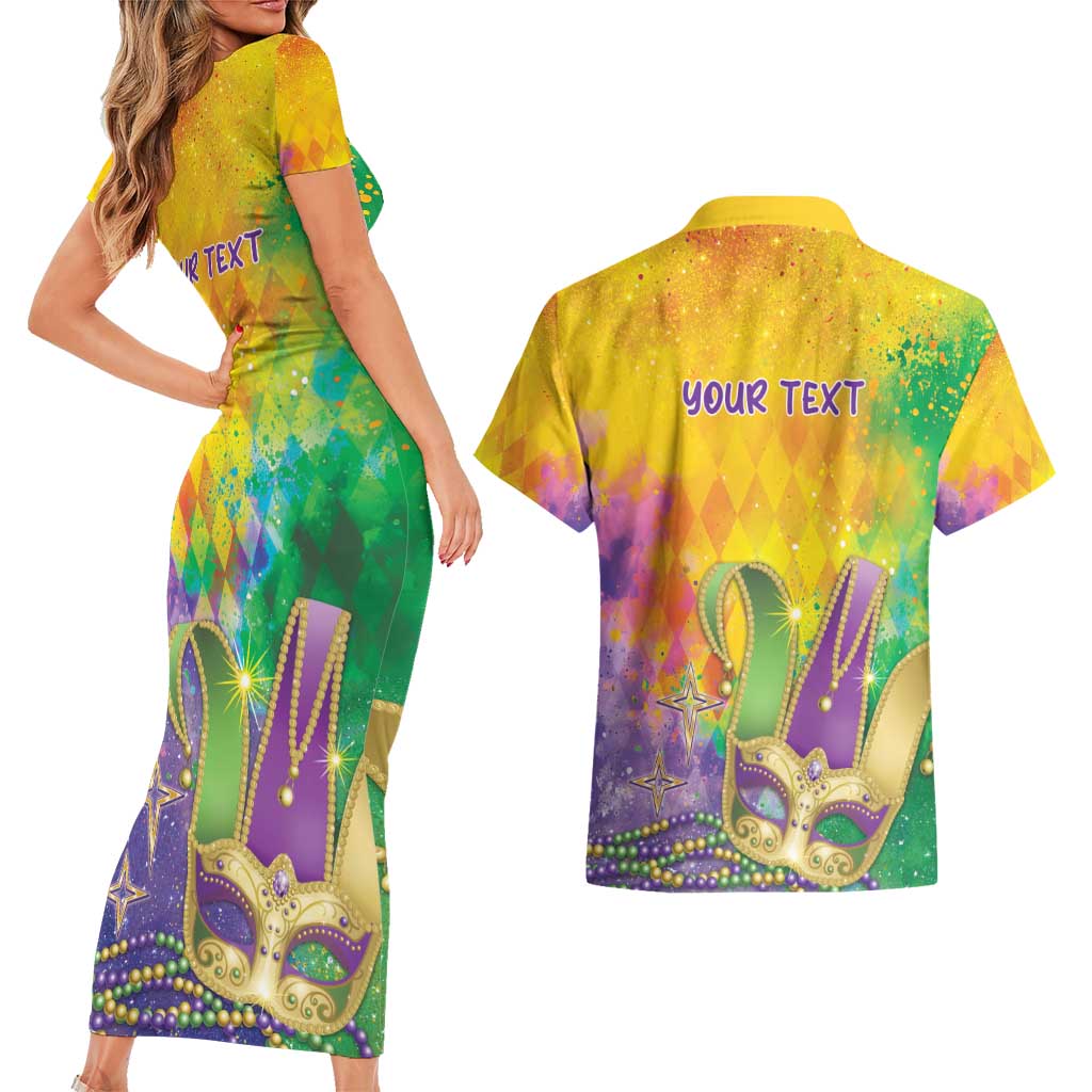 Mardi Gras Couples Matching Short Sleeve Bodycon Dress and Hawaiian Shirt Watercolor Mix - Carnival Bling LT7 - Wonder Print Shop