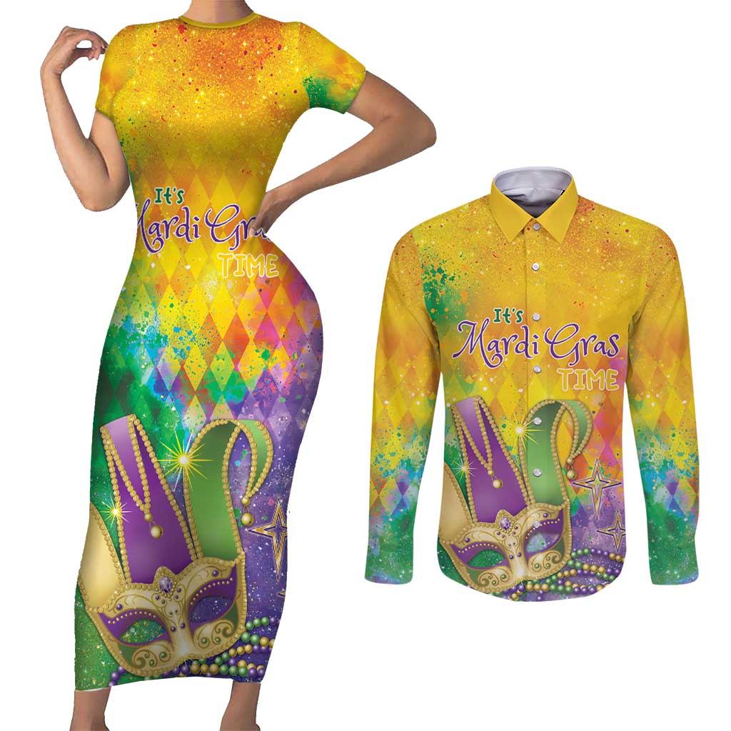 Mardi Gras Couples Matching Short Sleeve Bodycon Dress and Long Sleeve Button Shirt Watercolor Mix - Carnival Bling LT7 - Wonder Print Shop