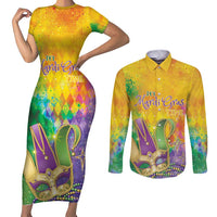 Mardi Gras Couples Matching Short Sleeve Bodycon Dress and Long Sleeve Button Shirt Watercolor Mix - Carnival Bling LT7 - Wonder Print Shop