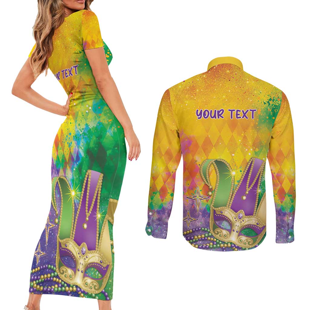 Mardi Gras Couples Matching Short Sleeve Bodycon Dress and Long Sleeve Button Shirt Watercolor Mix - Carnival Bling LT7 - Wonder Print Shop