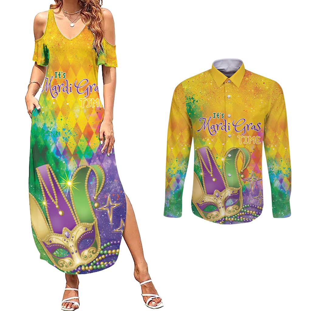 Mardi Gras Couples Matching Summer Maxi Dress and Long Sleeve Button Shirt Watercolor Mix - Carnival Bling LT7 - Wonder Print Shop