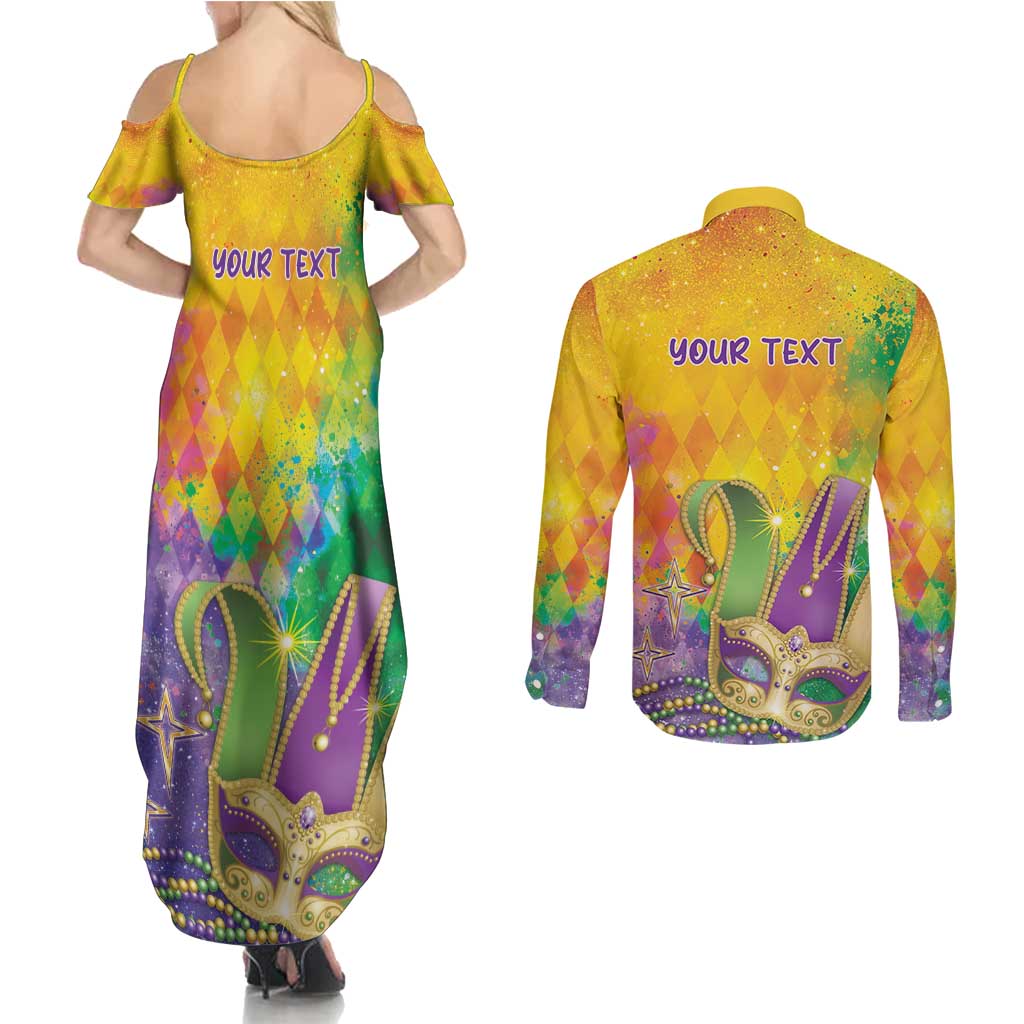 Mardi Gras Couples Matching Summer Maxi Dress and Long Sleeve Button Shirt Watercolor Mix - Carnival Bling LT7 - Wonder Print Shop