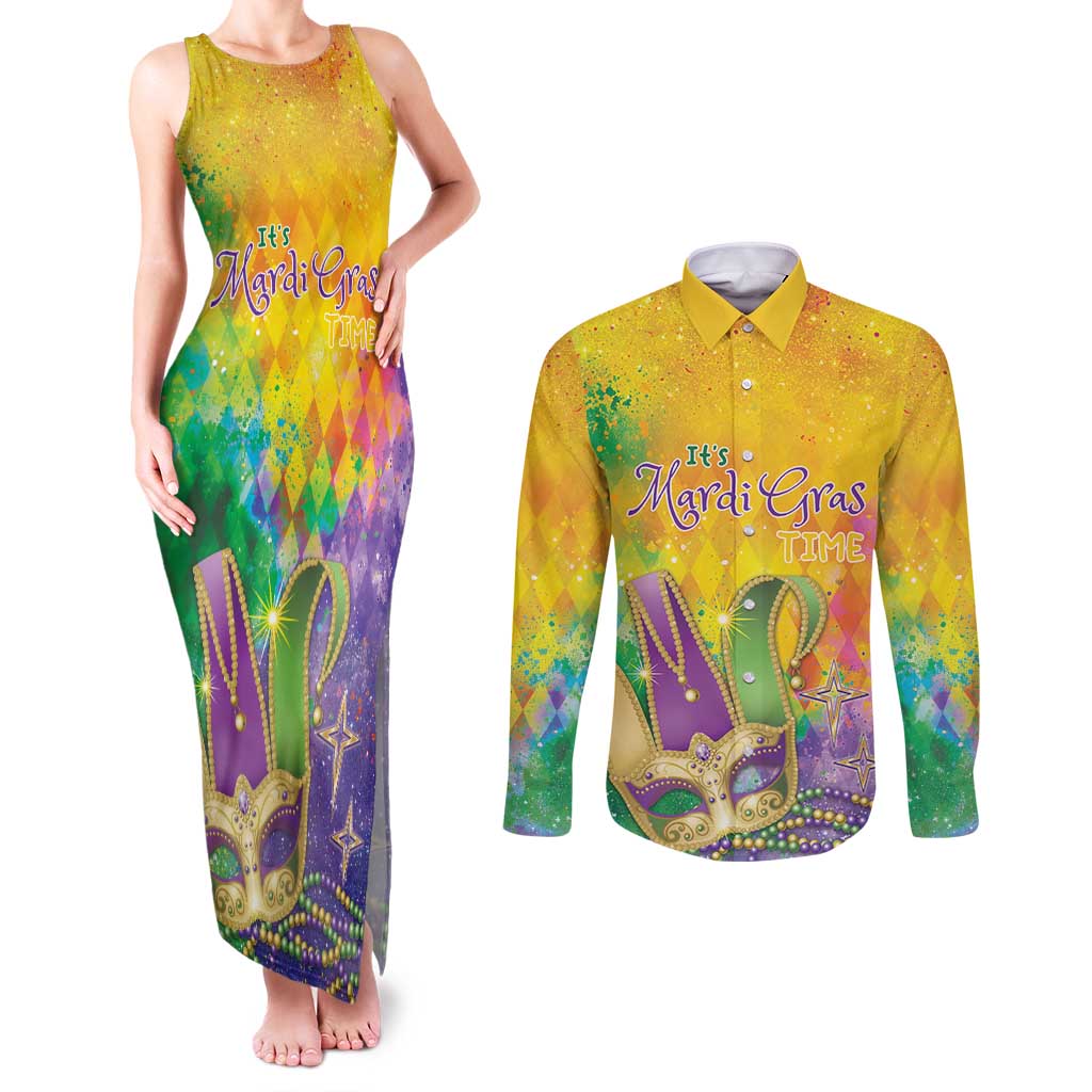Mardi Gras Couples Matching Tank Maxi Dress and Long Sleeve Button Shirt Watercolor Mix - Carnival Bling LT7 - Wonder Print Shop