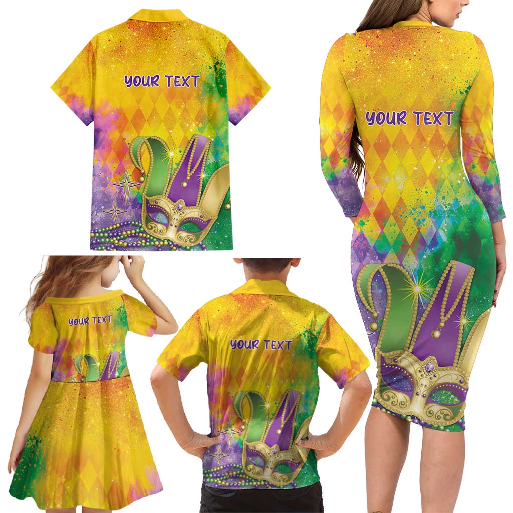 Mardi Gras Family Matching Long Sleeve Bodycon Dress and Hawaiian Shirt Watercolor Mix - Carnival Bling LT7 - Wonder Print Shop