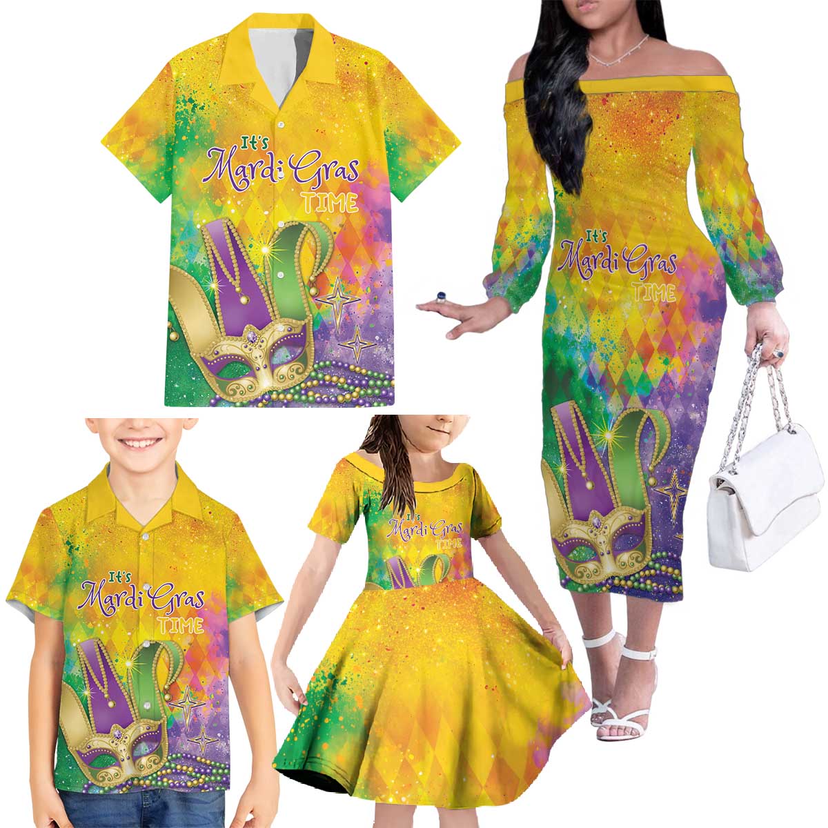 Mardi Gras Family Matching Off The Shoulder Long Sleeve Dress and Hawaiian Shirt Watercolor Mix - Carnival Bling - Wonder Print Shop