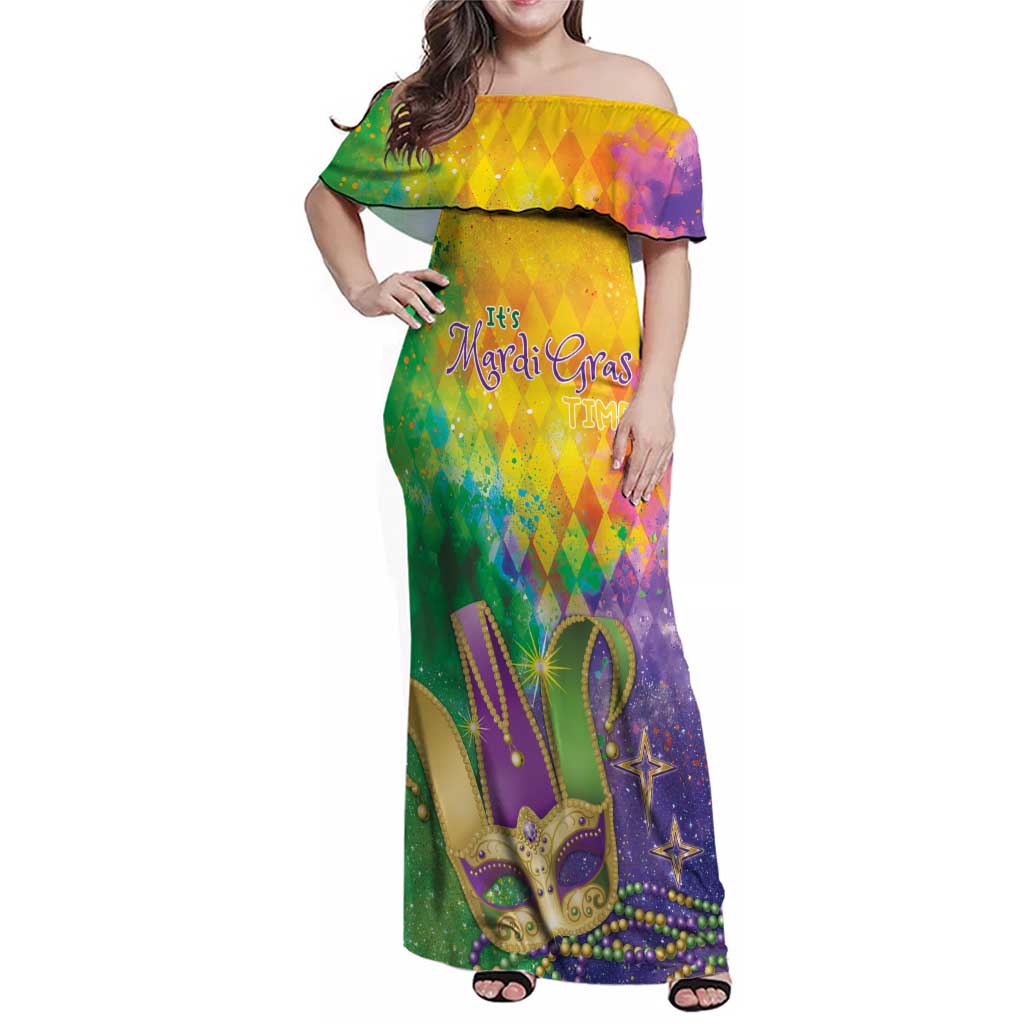 Mardi Gras Family Matching Off Shoulder Maxi Dress and Hawaiian Shirt Watercolor Mix - Carnival Bling LT7 - Wonder Print Shop