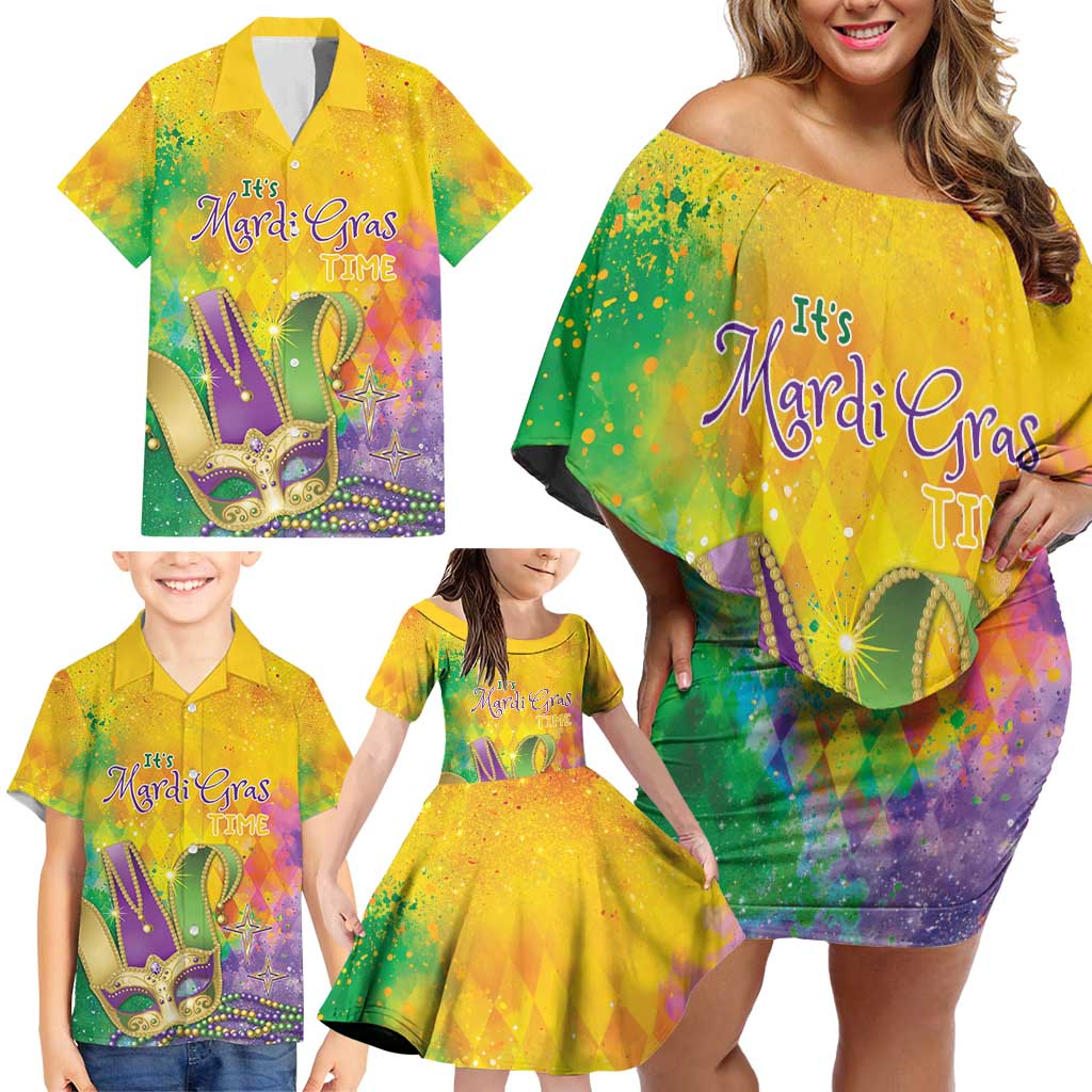 Mardi Gras Family Matching Off Shoulder Short Dress and Hawaiian Shirt Watercolor Mix - Carnival Bling LT7 - Wonder Print Shop