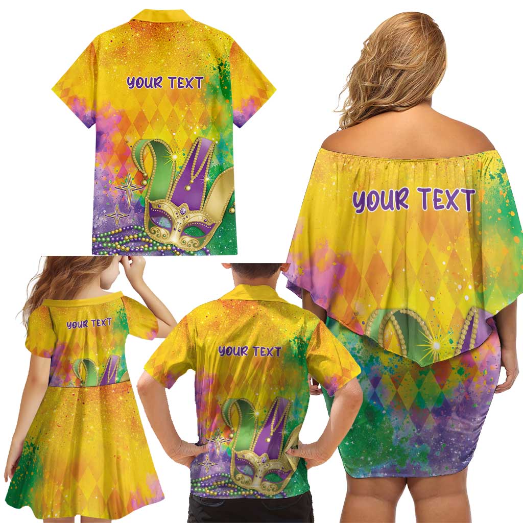 Mardi Gras Family Matching Off Shoulder Short Dress and Hawaiian Shirt Watercolor Mix - Carnival Bling LT7 - Wonder Print Shop