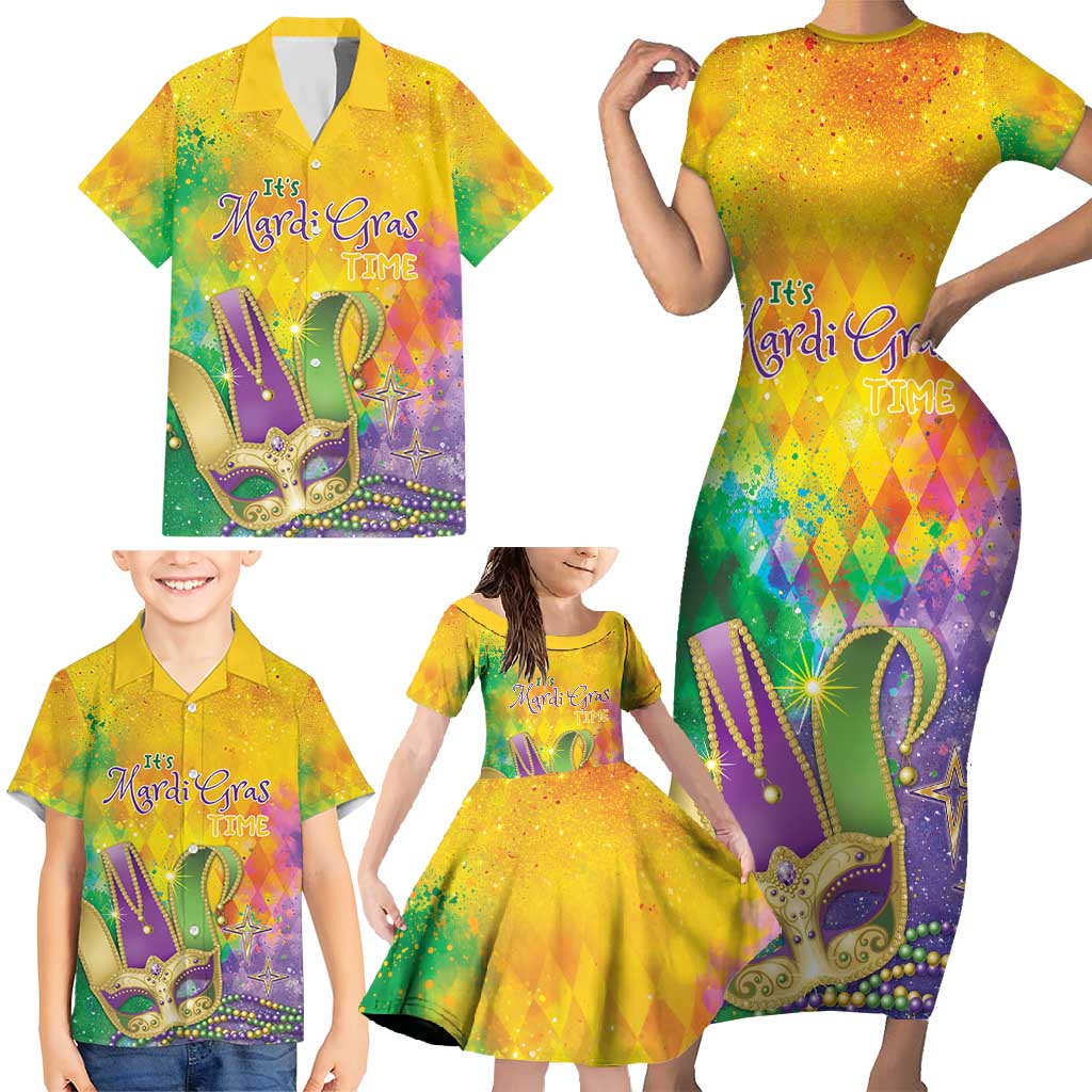 Mardi Gras Family Matching Short Sleeve Bodycon Dress and Hawaiian Shirt Watercolor Mix - Carnival Bling - Wonder Print Shop