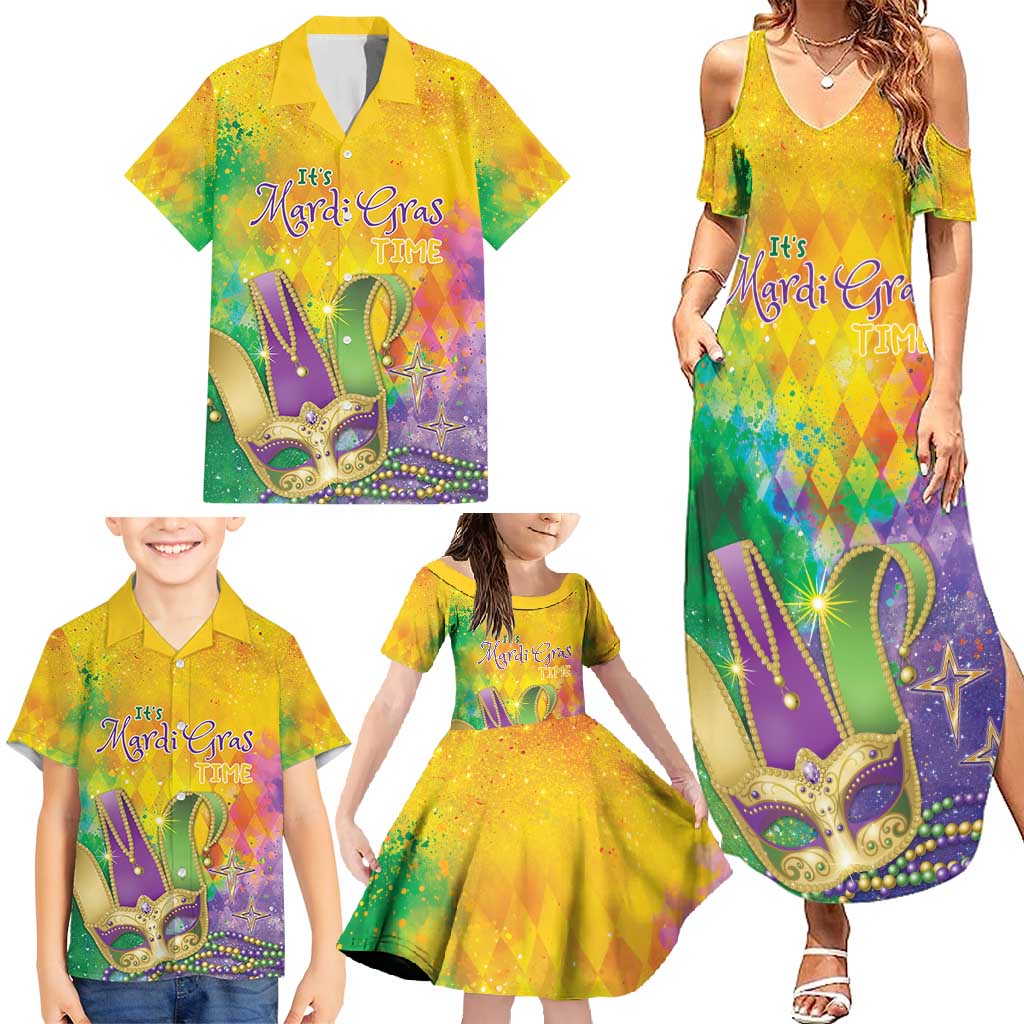 Mardi Gras Family Matching Summer Maxi Dress and Hawaiian Shirt Watercolor Mix - Carnival Bling - Wonder Print Shop