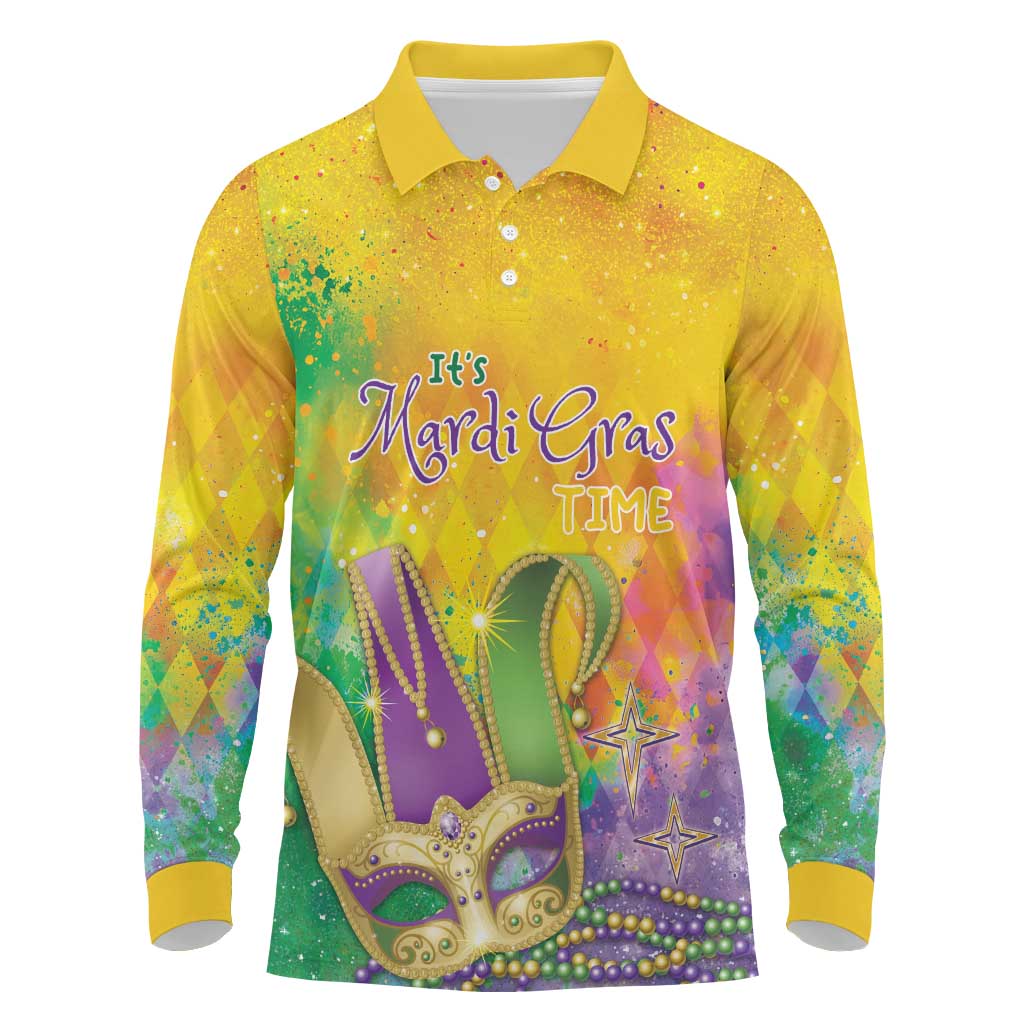 Mardi Gras Long Sleeve Polo Shirt Watercolor Mix - Carnival Bling - Wonder Print Shop