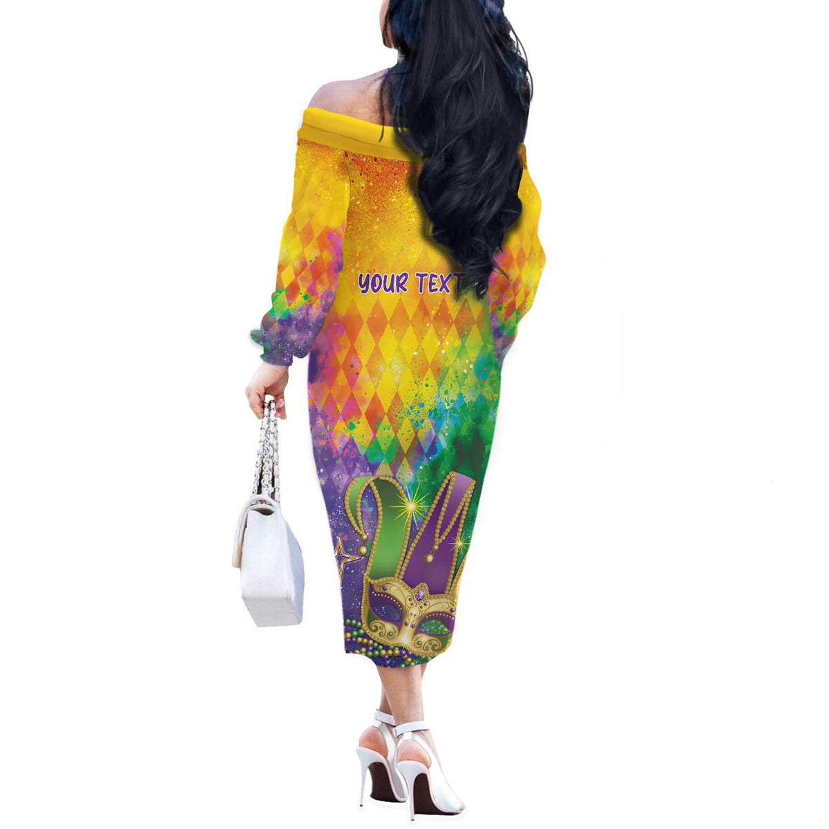 Mardi Gras Off The Shoulder Long Sleeve Dress Watercolor Mix - Carnival Bling - Wonder Print Shop