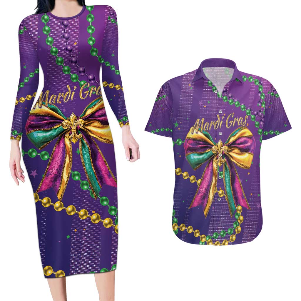 Mardi Gras Couples Matching Long Sleeve Bodycon Dress and Hawaiian Shirt Coquette Bow Glitter Motifs LT7 - Wonder Print Shop