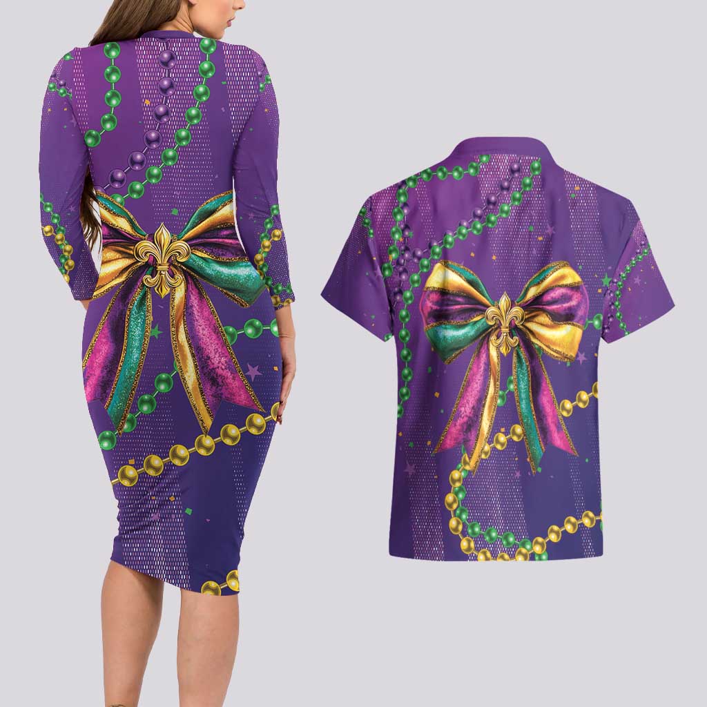Mardi Gras Couples Matching Long Sleeve Bodycon Dress and Hawaiian Shirt Coquette Bow Glitter Motifs LT7 - Wonder Print Shop
