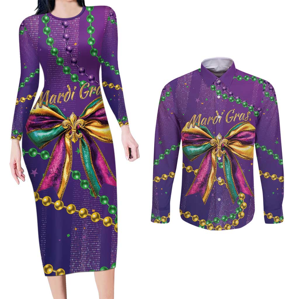 Mardi Gras Couples Matching Long Sleeve Bodycon Dress and Long Sleeve Button Shirt Coquette Bow Glitter Motifs LT7 - Wonder Print Shop