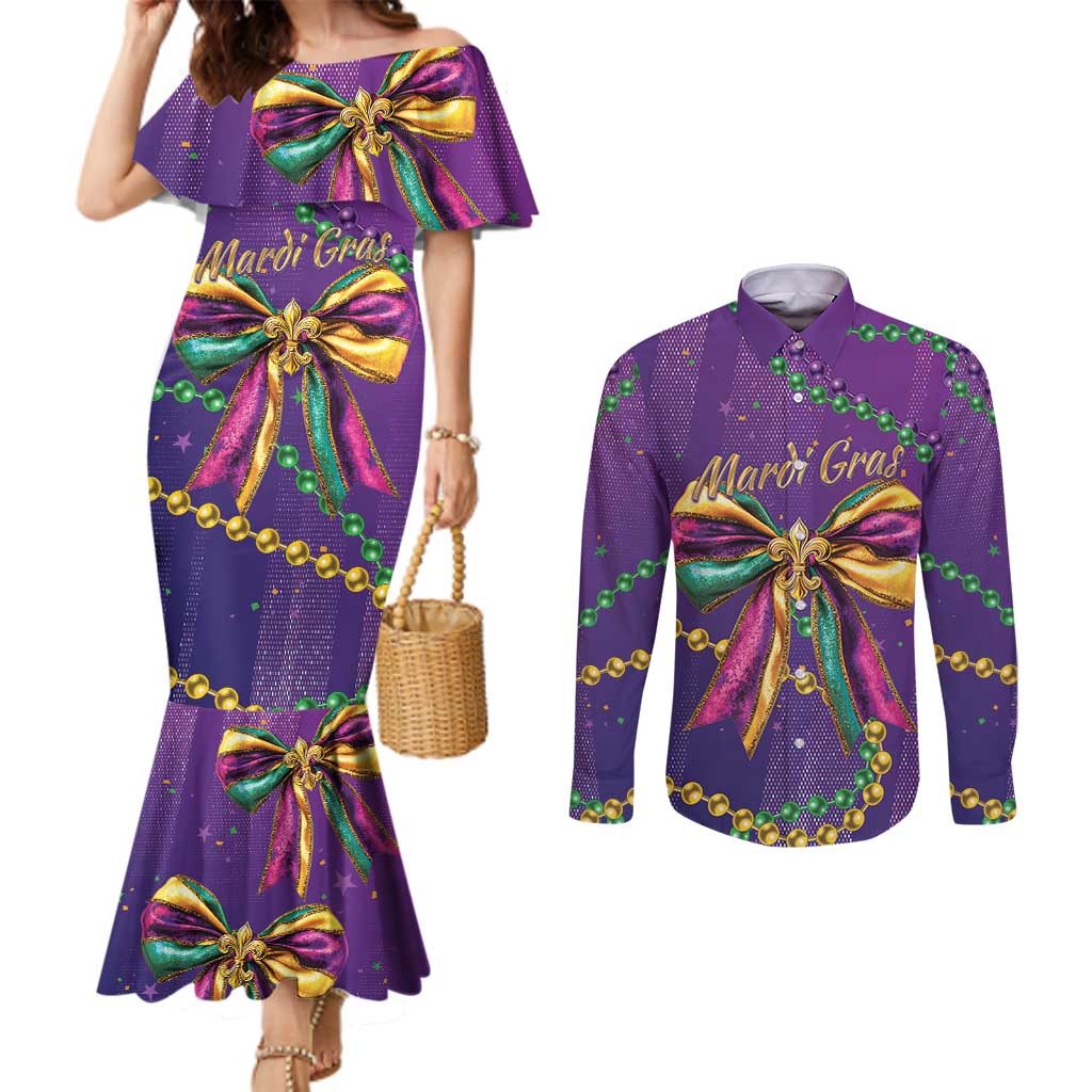 Mardi Gras Couples Matching Mermaid Dress and Long Sleeve Button Shirt Coquette Bow Glitter Motifs