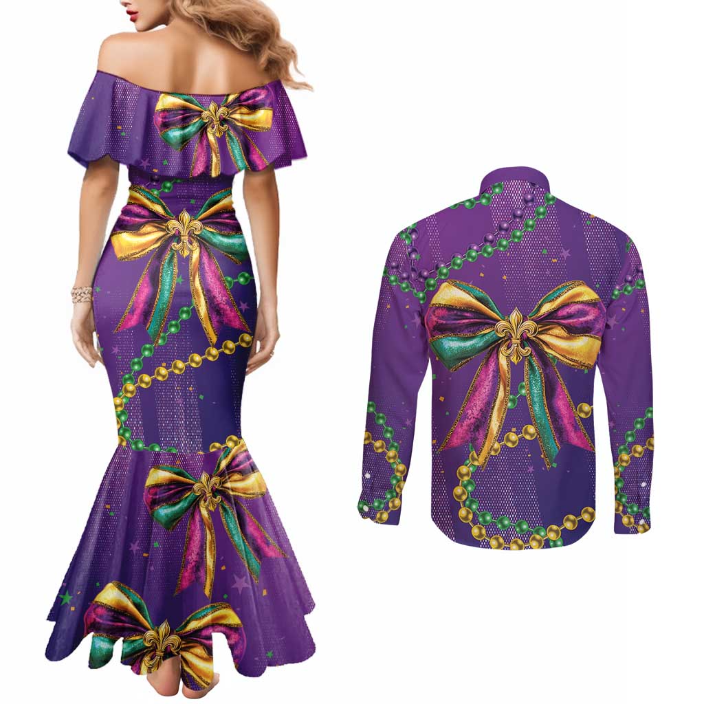 Mardi Gras Couples Matching Mermaid Dress and Long Sleeve Button Shirt Coquette Bow Glitter Motifs