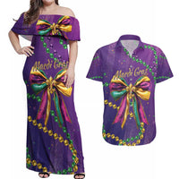 Mardi Gras Couples Matching Off Shoulder Maxi Dress and Hawaiian Shirt Coquette Bow Glitter Motifs LT7 - Wonder Print Shop