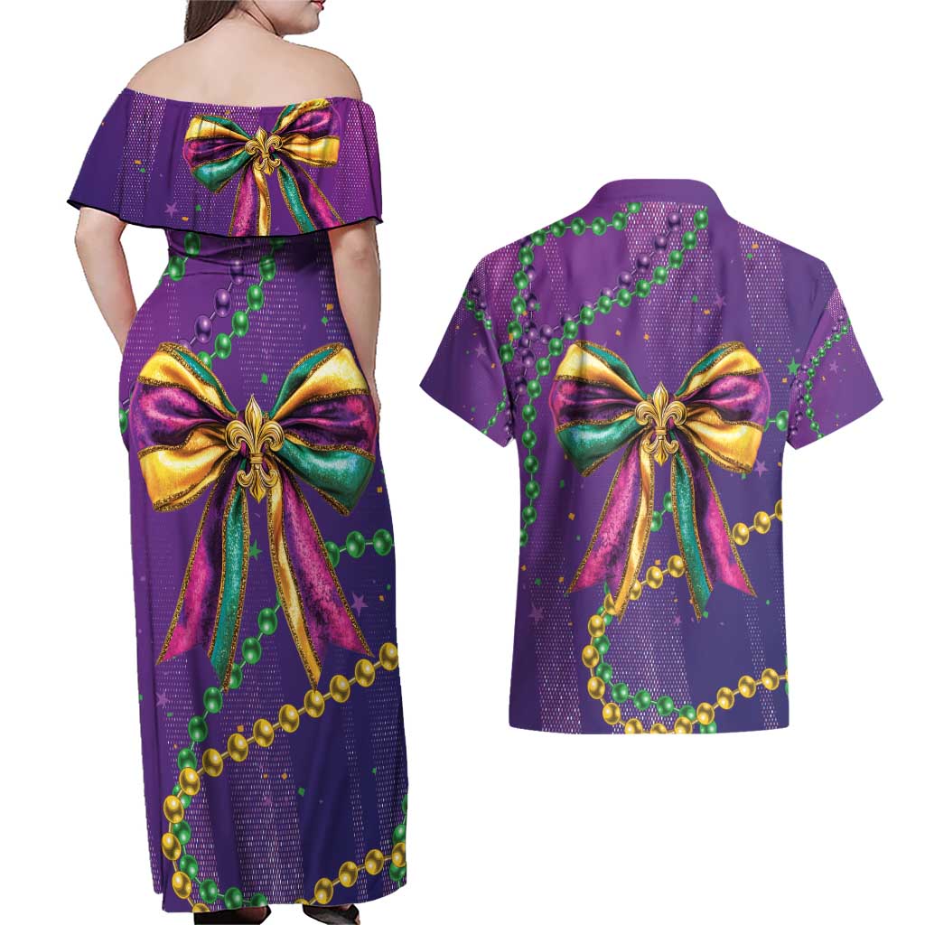 Mardi Gras Couples Matching Off Shoulder Maxi Dress and Hawaiian Shirt Coquette Bow Glitter Motifs LT7 - Wonder Print Shop