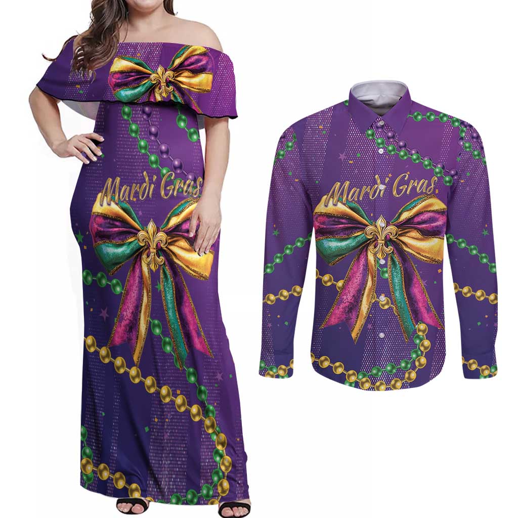 Mardi Gras Couples Matching Off Shoulder Maxi Dress and Long Sleeve Button Shirt Coquette Bow Glitter Motifs LT7 - Wonder Print Shop