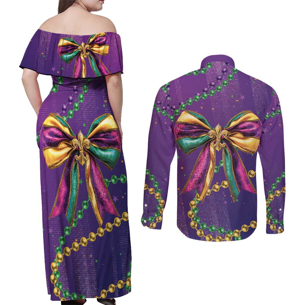 Mardi Gras Couples Matching Off Shoulder Maxi Dress and Long Sleeve Button Shirt Coquette Bow Glitter Motifs LT7 - Wonder Print Shop