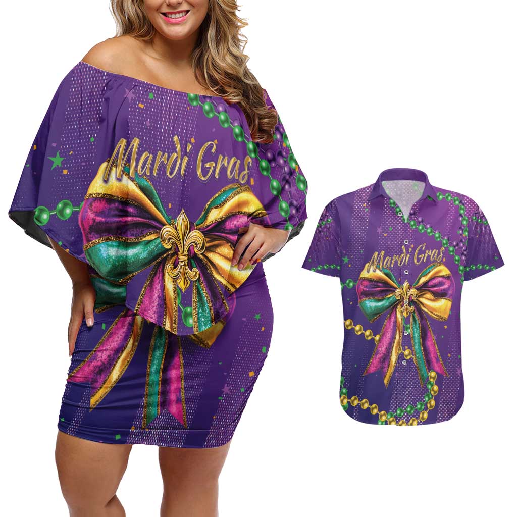 Mardi Gras Couples Matching Off Shoulder Short Dress and Hawaiian Shirt Coquette Bow Glitter Motifs LT7 - Wonder Print Shop