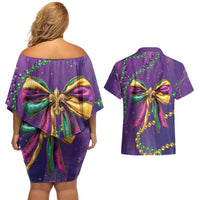 Mardi Gras Couples Matching Off Shoulder Short Dress and Hawaiian Shirt Coquette Bow Glitter Motifs LT7 - Wonder Print Shop