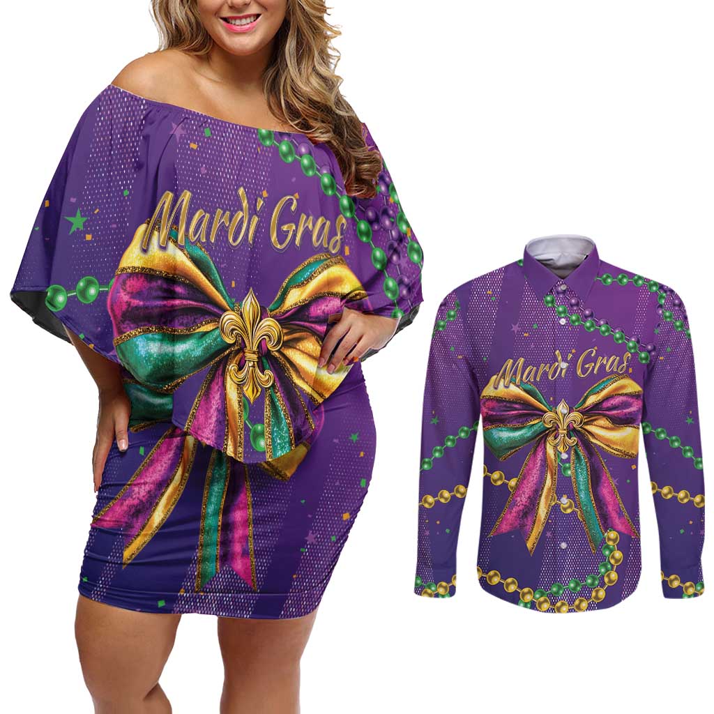 Mardi Gras Couples Matching Off Shoulder Short Dress and Long Sleeve Button Shirt Coquette Bow Glitter Motifs LT7 - Wonder Print Shop