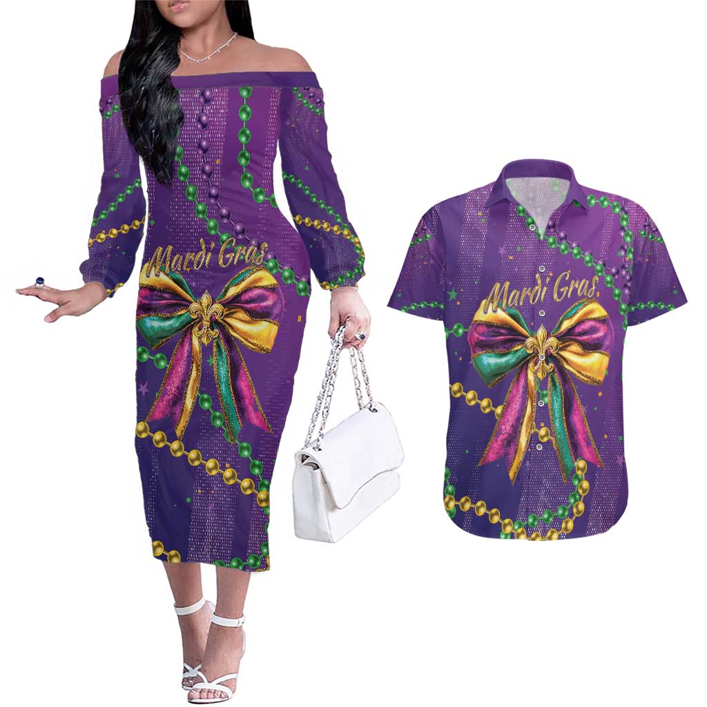 Mardi Gras Couples Matching Off The Shoulder Long Sleeve Dress and Hawaiian Shirt Coquette Bow Glitter Motifs LT7 - Wonder Print Shop