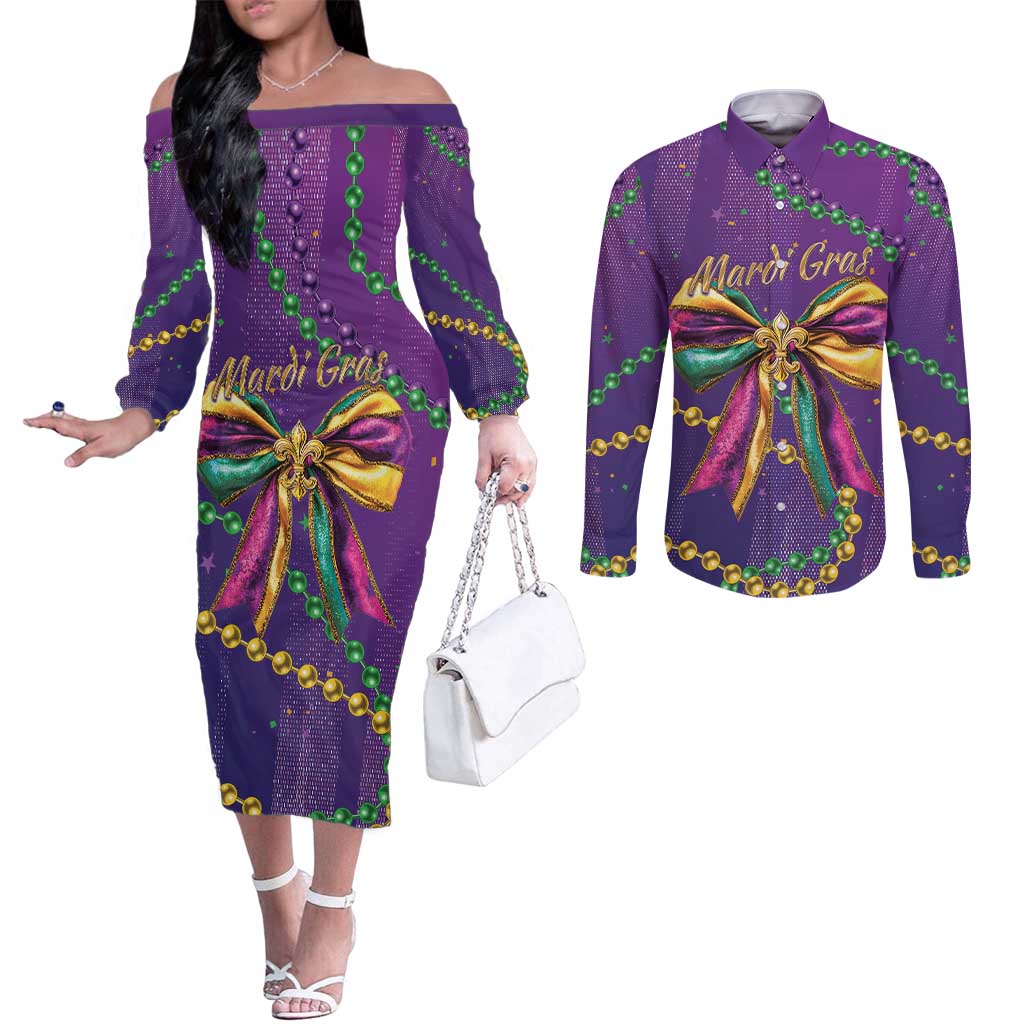 Mardi Gras Couples Matching Off The Shoulder Long Sleeve Dress and Long Sleeve Button Shirt Coquette Bow Glitter Motifs