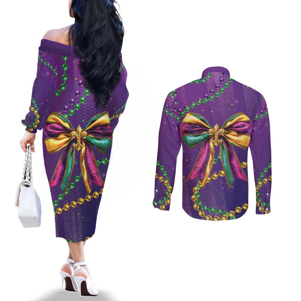 Mardi Gras Couples Matching Off The Shoulder Long Sleeve Dress and Long Sleeve Button Shirt Coquette Bow Glitter Motifs