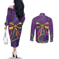 Mardi Gras Couples Matching Off The Shoulder Long Sleeve Dress and Long Sleeve Button Shirt Coquette Bow Glitter Motifs