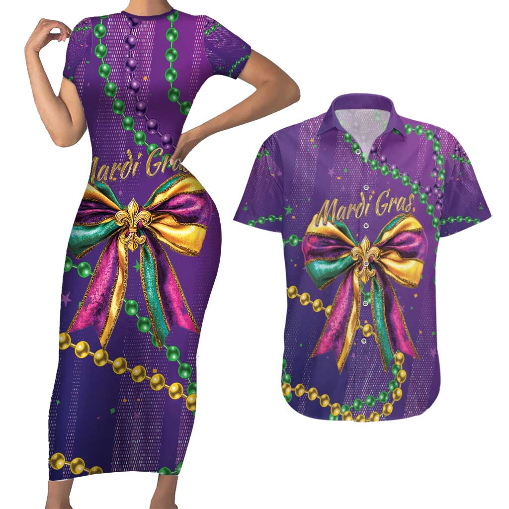 Mardi Gras Couples Matching Short Sleeve Bodycon Dress and Hawaiian Shirt Coquette Bow Glitter Motifs LT7 - Wonder Print Shop
