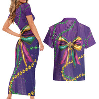 Mardi Gras Couples Matching Short Sleeve Bodycon Dress and Hawaiian Shirt Coquette Bow Glitter Motifs LT7 - Wonder Print Shop