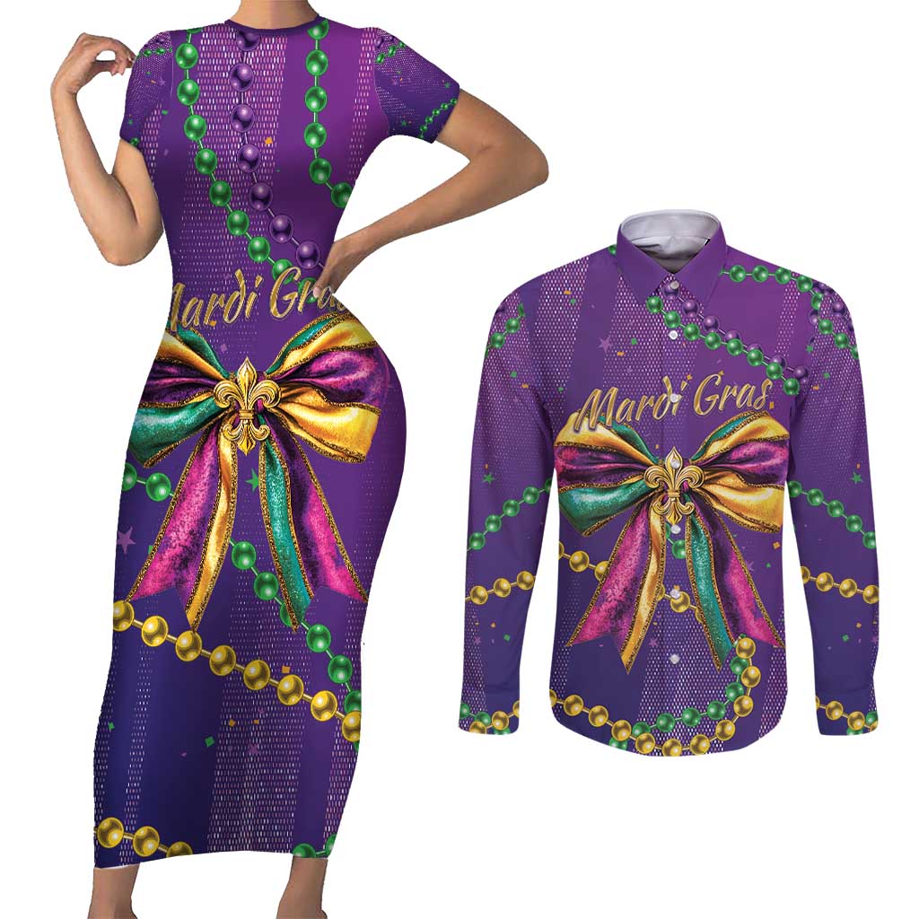 Mardi Gras Couples Matching Short Sleeve Bodycon Dress and Long Sleeve Button Shirt Coquette Bow Glitter Motifs LT7 - Wonder Print Shop