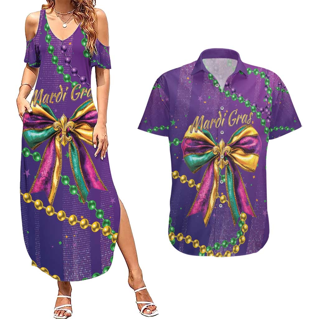 Mardi Gras Couples Matching Summer Maxi Dress and Hawaiian Shirt Coquette Bow Glitter Motifs LT7 - Wonder Print Shop