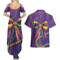 Mardi Gras Couples Matching Summer Maxi Dress and Hawaiian Shirt Coquette Bow Glitter Motifs LT7 - Wonder Print Shop