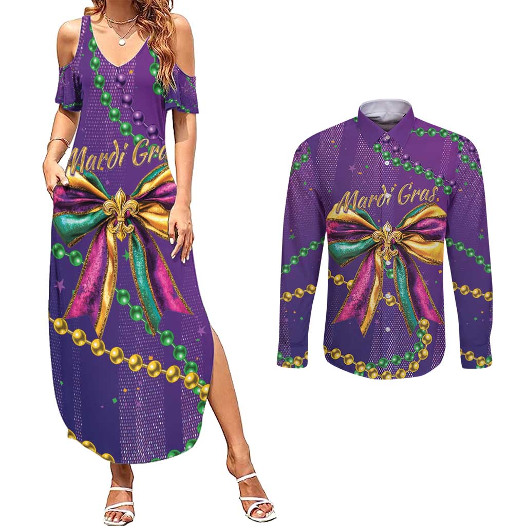 Mardi Gras Couples Matching Summer Maxi Dress and Long Sleeve Button Shirt Coquette Bow Glitter Motifs LT7 - Wonder Print Shop