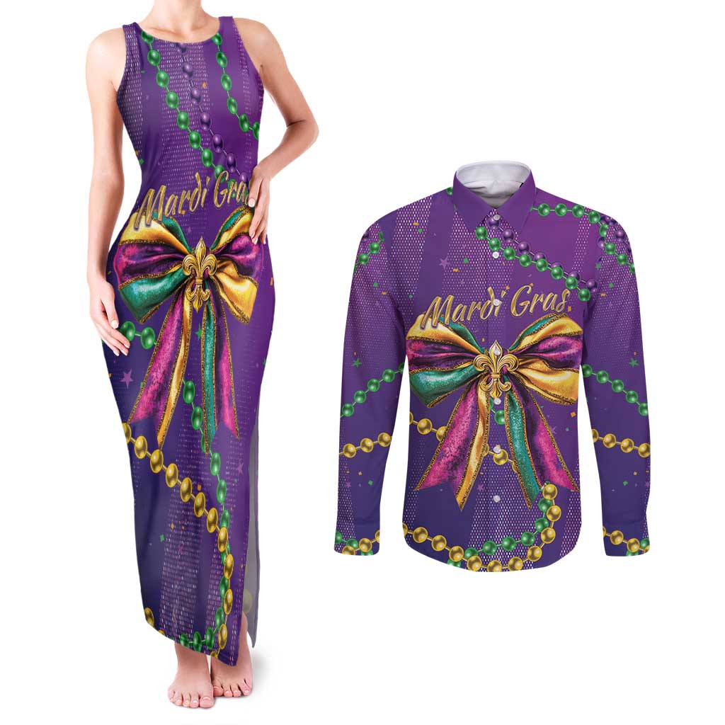 Mardi Gras Couples Matching Tank Maxi Dress and Long Sleeve Button Shirt Coquette Bow Glitter Motifs LT7 - Wonder Print Shop