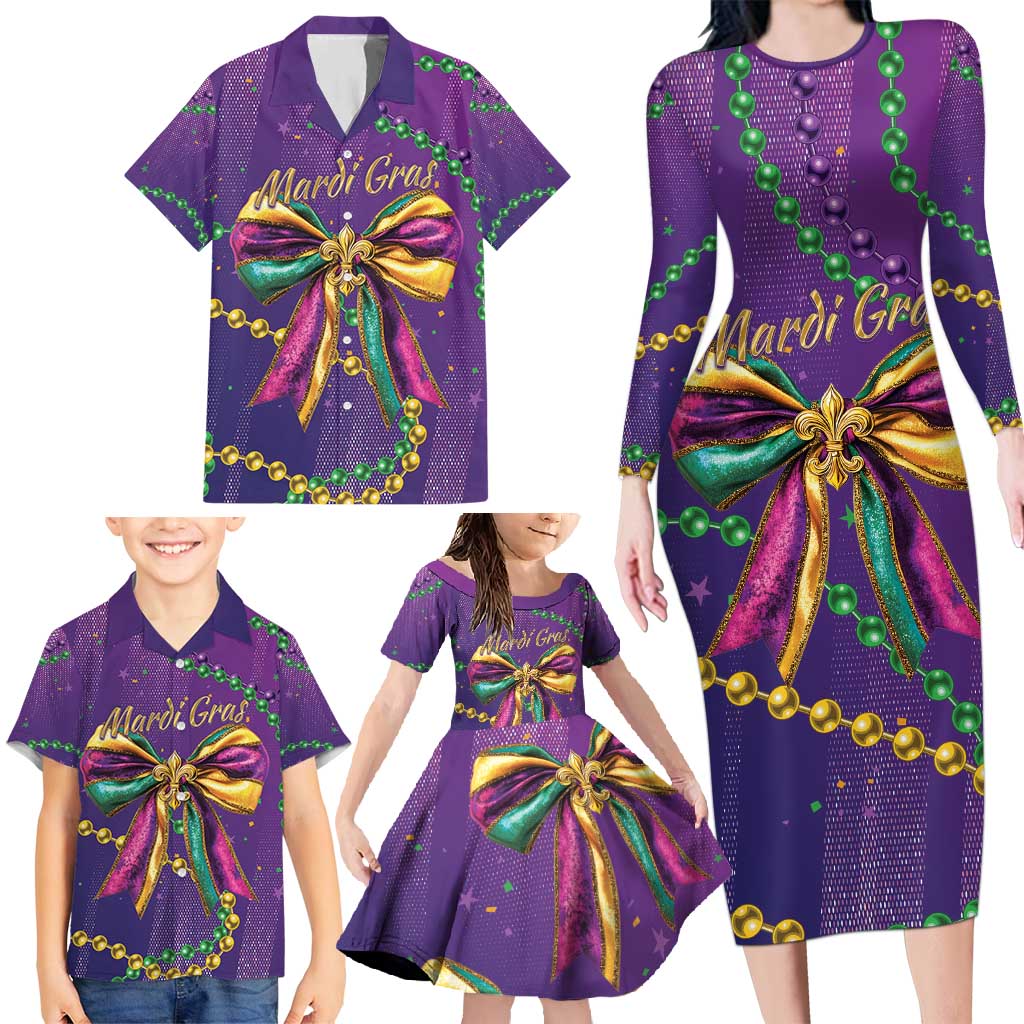 Mardi Gras Family Matching Long Sleeve Bodycon Dress and Hawaiian Shirt Coquette Bow Glitter Motifs LT7 - Wonder Print Shop
