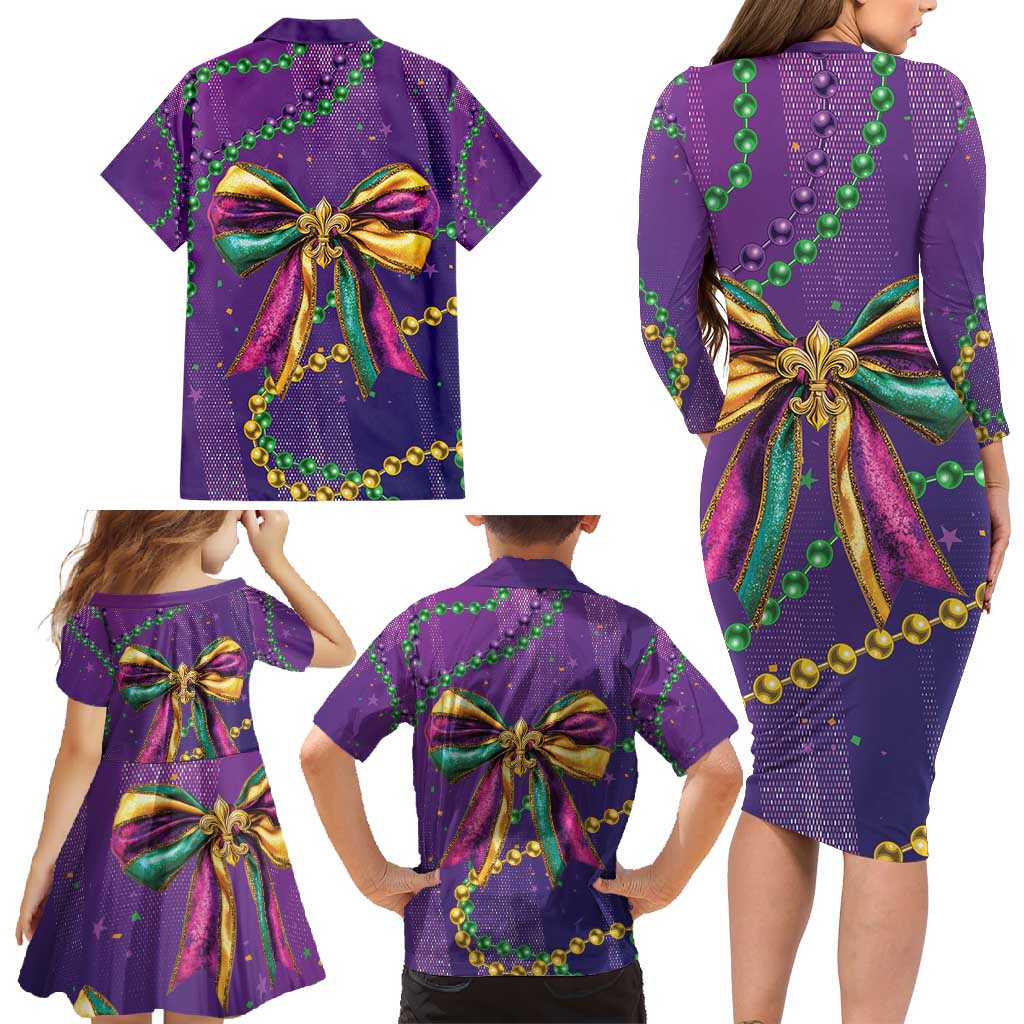 Mardi Gras Family Matching Long Sleeve Bodycon Dress and Hawaiian Shirt Coquette Bow Glitter Motifs LT7 - Wonder Print Shop