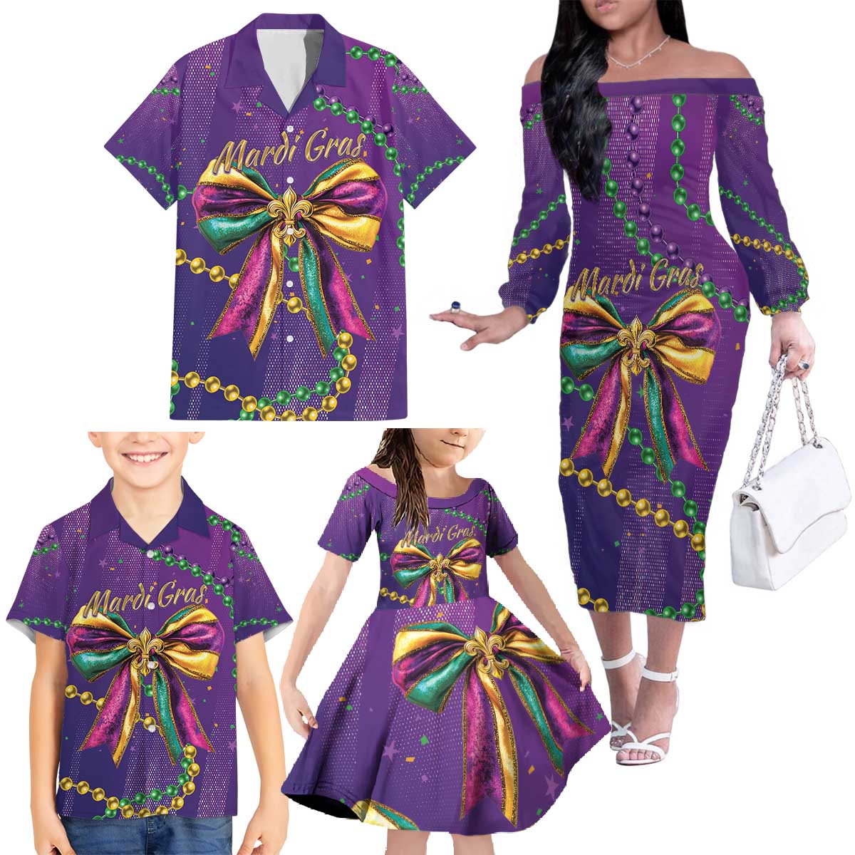 Mardi Gras Family Matching Off The Shoulder Long Sleeve Dress and Hawaiian Shirt Coquette Bow Glitter Motifs - Wonder Print Shop