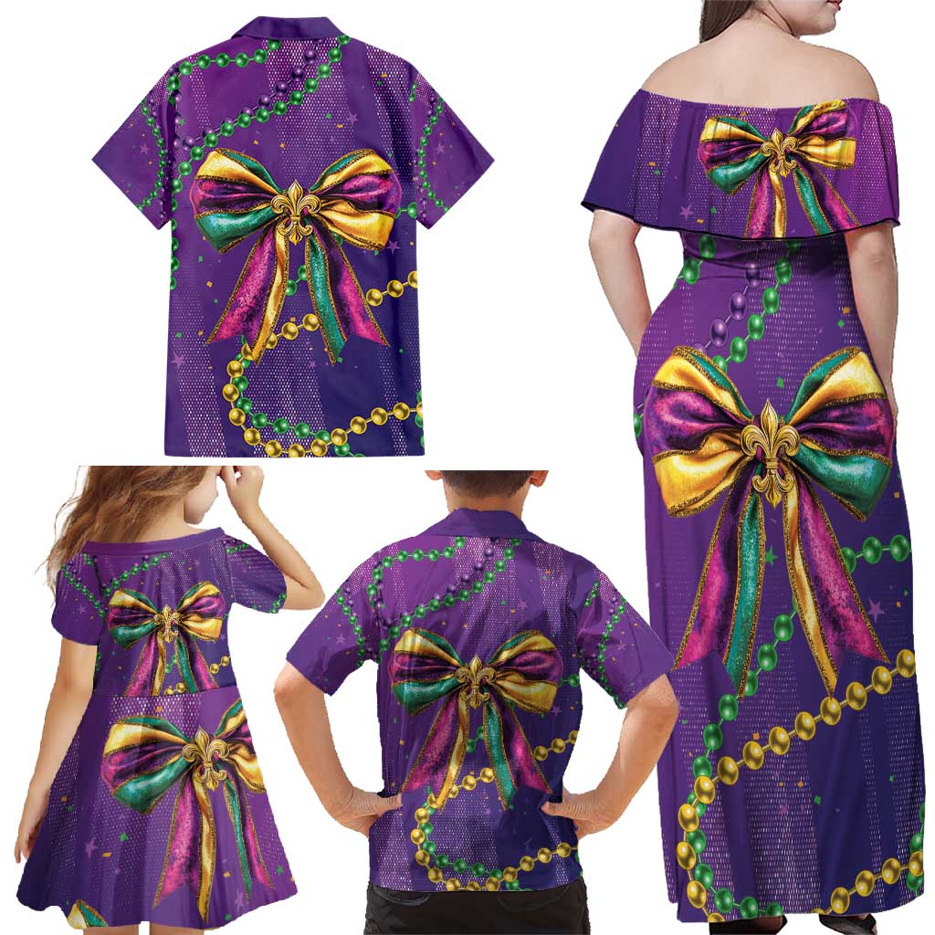 Mardi Gras Family Matching Off Shoulder Maxi Dress and Hawaiian Shirt Coquette Bow Glitter Motifs LT7 - Wonder Print Shop