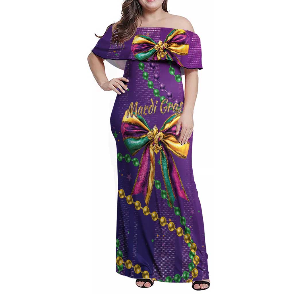 Mardi Gras Family Matching Off Shoulder Maxi Dress and Hawaiian Shirt Coquette Bow Glitter Motifs LT7 - Wonder Print Shop
