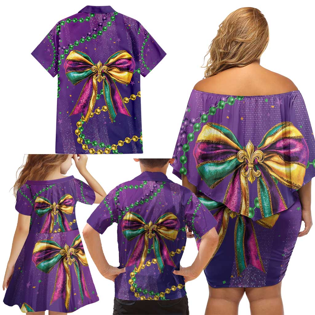 Mardi Gras Family Matching Off Shoulder Short Dress and Hawaiian Shirt Coquette Bow Glitter Motifs LT7 - Wonder Print Shop