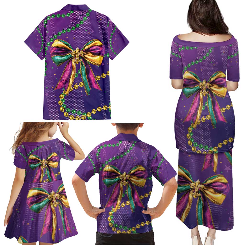 Mardi Gras Family Matching Puletasi and Hawaiian Shirt Coquette Bow Glitter Motifs - Wonder Print Shop