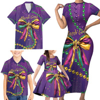 Mardi Gras Family Matching Short Sleeve Bodycon Dress and Hawaiian Shirt Coquette Bow Glitter Motifs - Wonder Print Shop