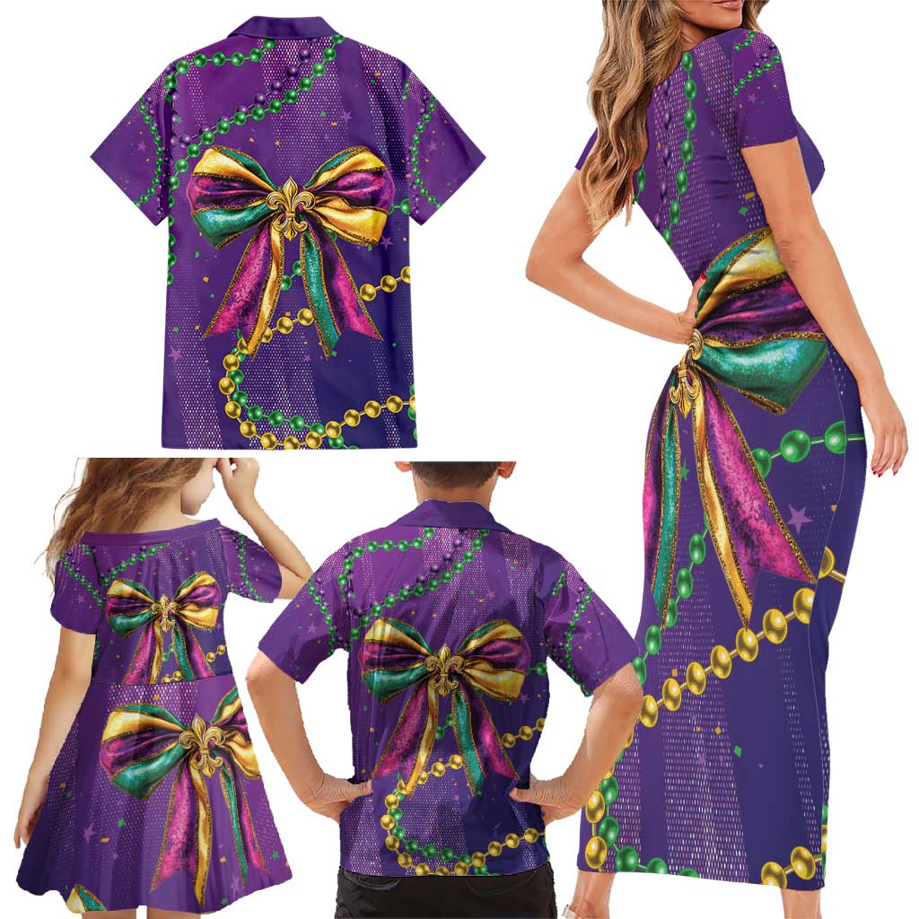 Mardi Gras Family Matching Short Sleeve Bodycon Dress and Hawaiian Shirt Coquette Bow Glitter Motifs - Wonder Print Shop